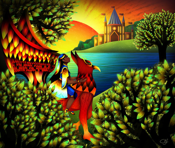 Fantasy digital illustration of a griffin being ride for a female emissary with a castle and a sunset in the background.