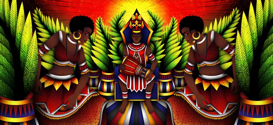 Changó, deity from the yoruba religion, sitting in his throne of King of the Drums. Women dancing at the rythms of the batá drums.