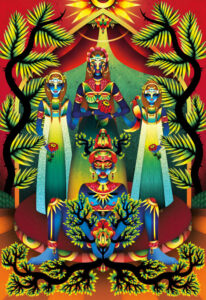 Four female figures on a mystical enviroment. A teenager, an adult woman and a child in the background, looking to the ritual performed by the young woman on the front.