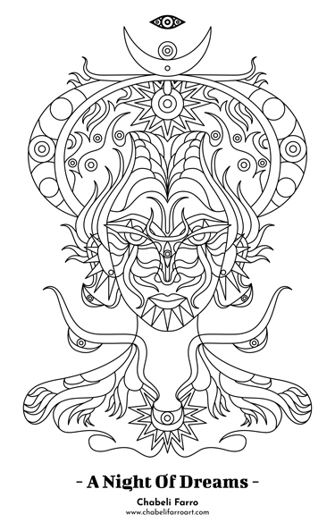 Coloring sheet, lineart drawing of a woman with fantasy elements